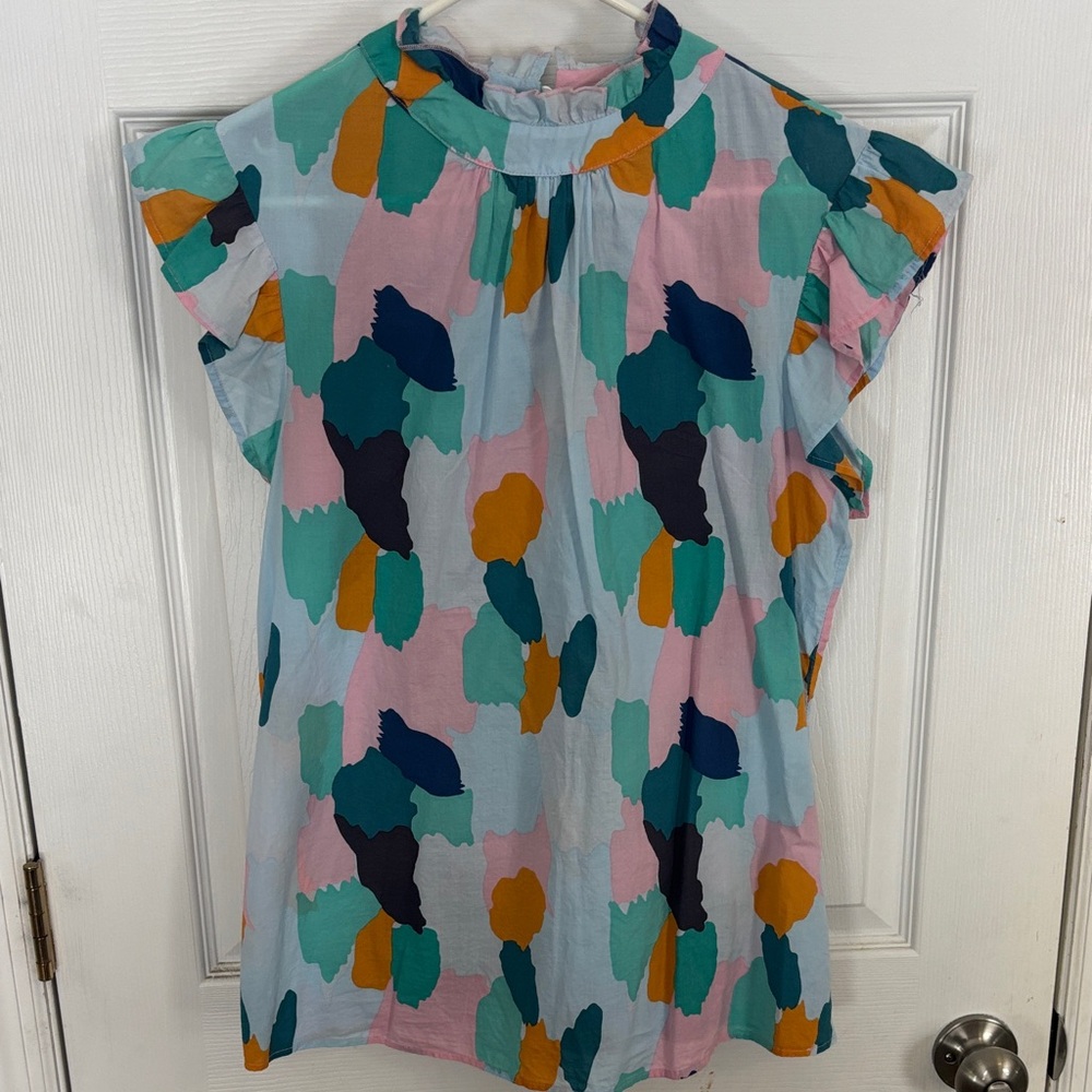 Multicolor Abstract Ruffle Sleeve Top size Large - Picture 2 of 10